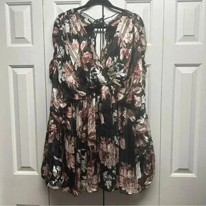 Asos Design Curve Floral Print Long Sleeve Satin Mini dress Size 14 NWOT